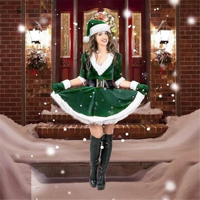 Women's Mrs. Claus Christmas Costume 4-Piece Set, Green Velvet Santa Dress With Hat Gloves Belt, Holiday Party Cosplay Outfit