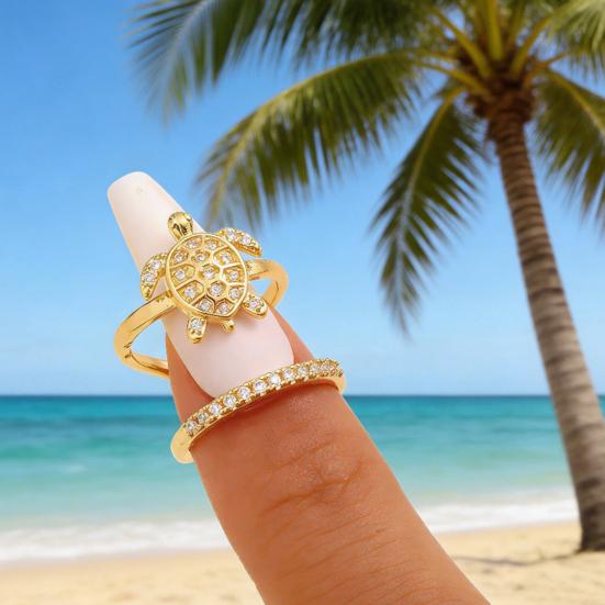 Gold Sea Animals Ring for Women Rhinestone Seahorse Turtle Dolphin Starfish Seashell Double Layer Adjustable Ring Bohemian Beach Jewelry Gift for