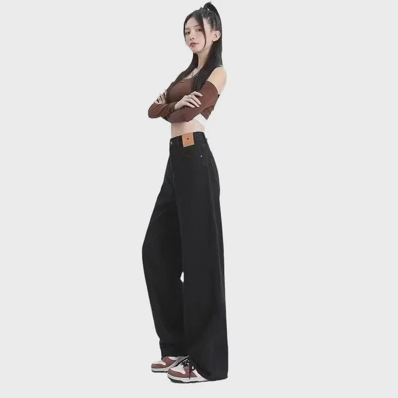 Girls' Black Wide-Leg High-Waist Jeans - Spring/Autumn 2024 Collection, Loose Straight Floor-Length Pants with High Street Style.