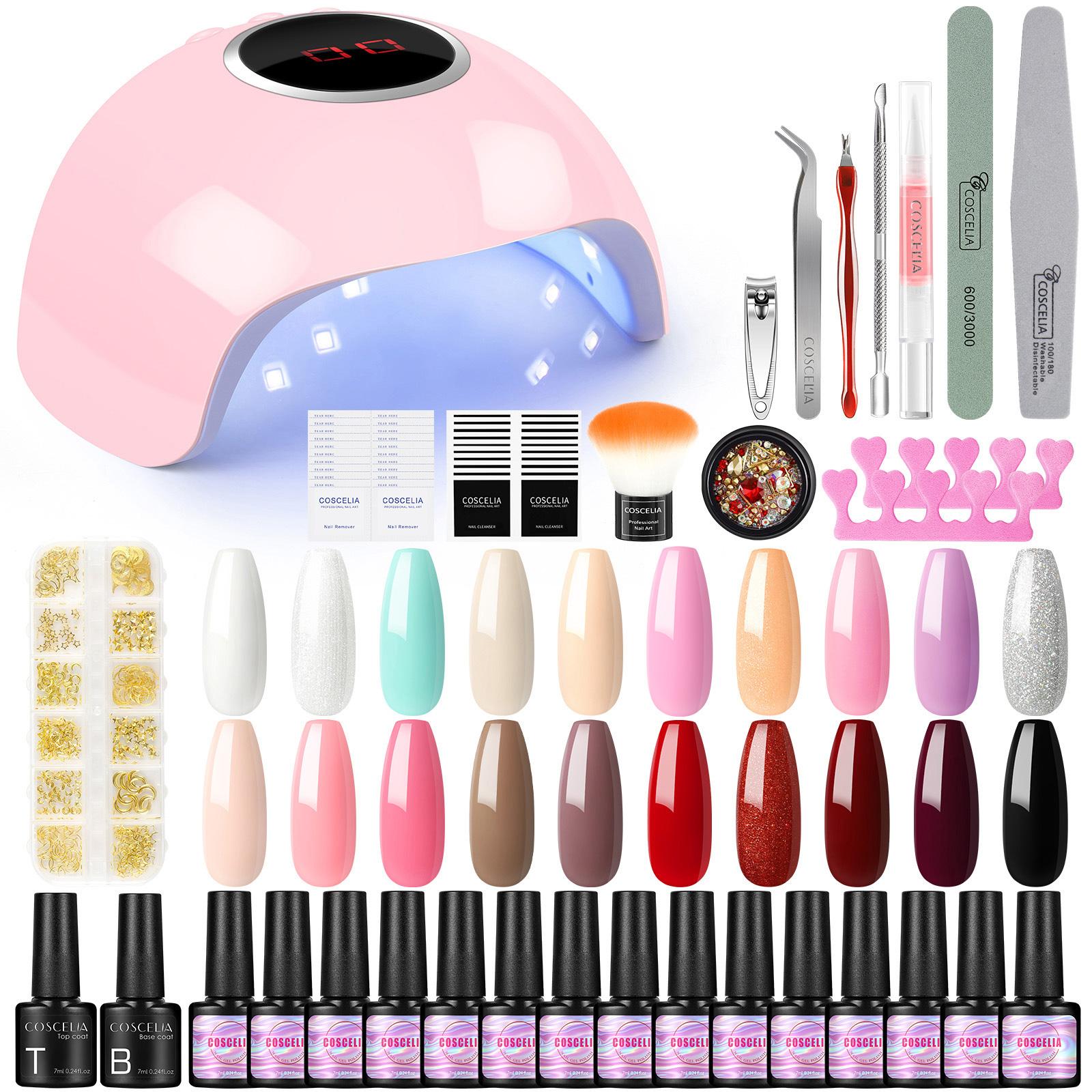 

COSCELIA Инструменты для маникюра Набор 20 цветов Гель-лак для ногтей Набор Замочить полуперманентный гель Чистый цвет Гель Основа Топ и 36W УФ светодиодная лампа Ногти Горный хрусталь Наборы