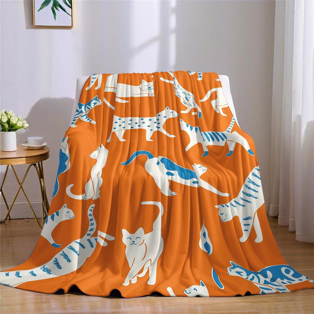 Orange White Cat Flannel Blanket Warm Soft Halloween Christmas Couch Warm Cozy Decorative Decor Gift for All Season
