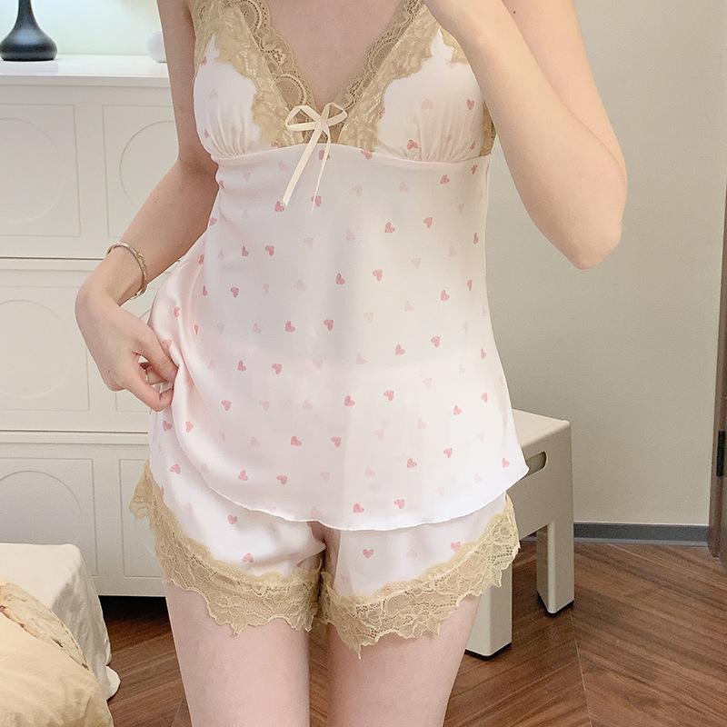 New ice silk pajamas set Internet celebrity print lace casual thin summer suspender shorts spring and autumn