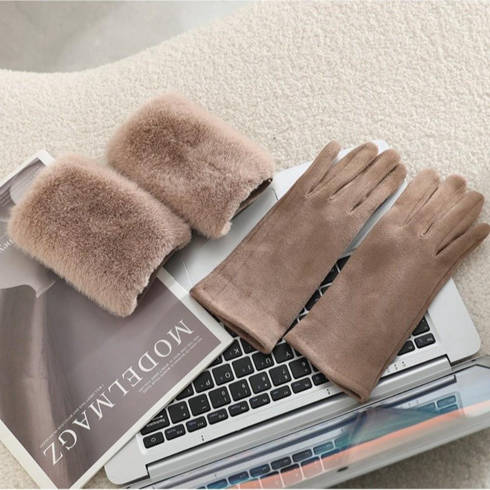 Thickened Suede Touch Screen Gloves Detachable Lining Riding Gloves Faux Fur Gloves for Women