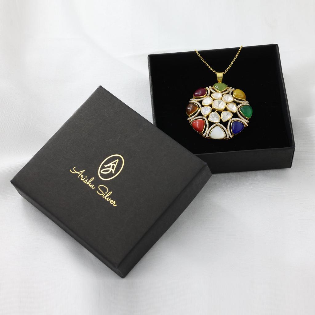 Moissanite Gold Plated Pendant, Indian Kundan Pendant 925 Sterling Silver Handmade Jewelry Women Polki Jewelry