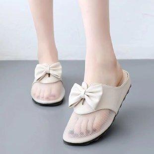

Women s Leather Mesh Slippers Summer Outer Wear Flat Bowknot Soft Bottom Non-slip Baotou Half Drag 40 білий