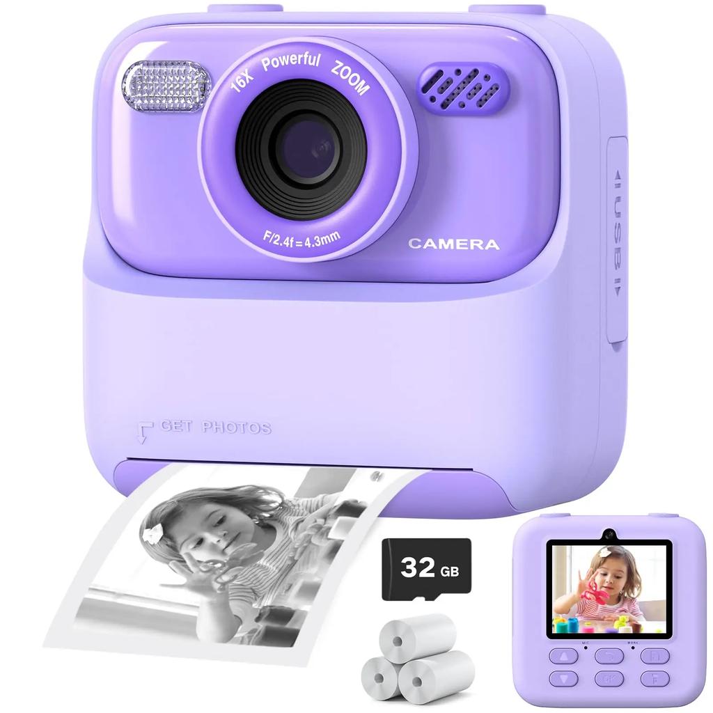 Kids Camera Instant 1080P HD Dual Lens Selfie Digital Camera for Girls Boys Christmas Birthday Gifts Toys With 32G Print