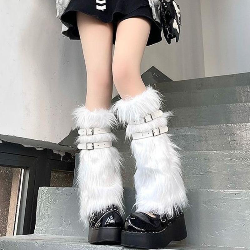 Flauschige Beinwärmer Damen Süße Lolita Leder-Schnalle Plüsch Beinabdeckungen Y2k Hottie Subkultur JK Lange Socken Punk Gothic Fußabdeckungen