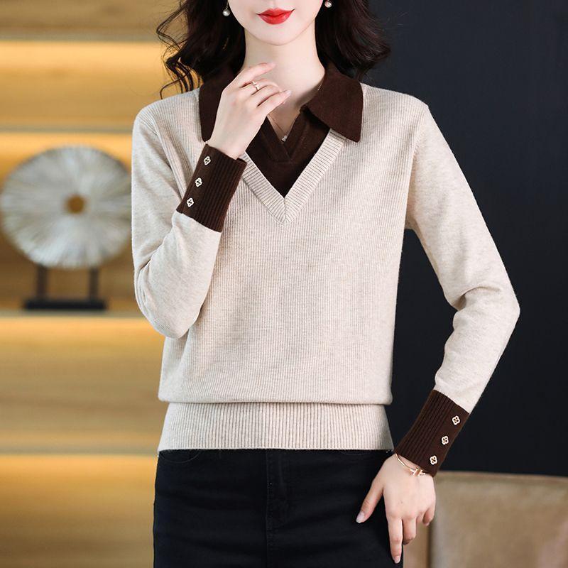 Autumn Winter Fake Two-piece Women Sweaters  Knitted Pullovers Jumper Female Sweater Casual Long Sleeve Knitwear