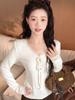 Women's Autumn French Lace Trim V-Neck Long-Sleeve Slim Fit Tie-Up Top