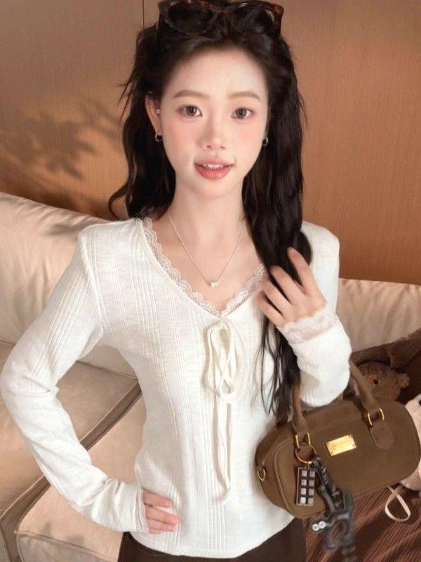 Women's Autumn French Lace Trim V-Neck Long-Sleeve Slim Fit Tie-Up Top