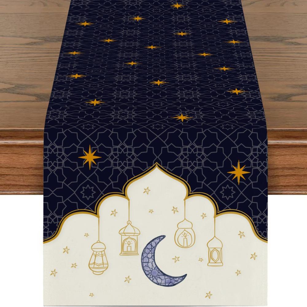

Golden Lantern Ramadan Table Runner White Moon Star Polyester Eid Mubarak Tablecloth Eid Al Fitr Dining Table Decoration