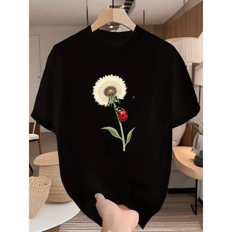 Short sleeved T-shirt with printed European and American plant flowers