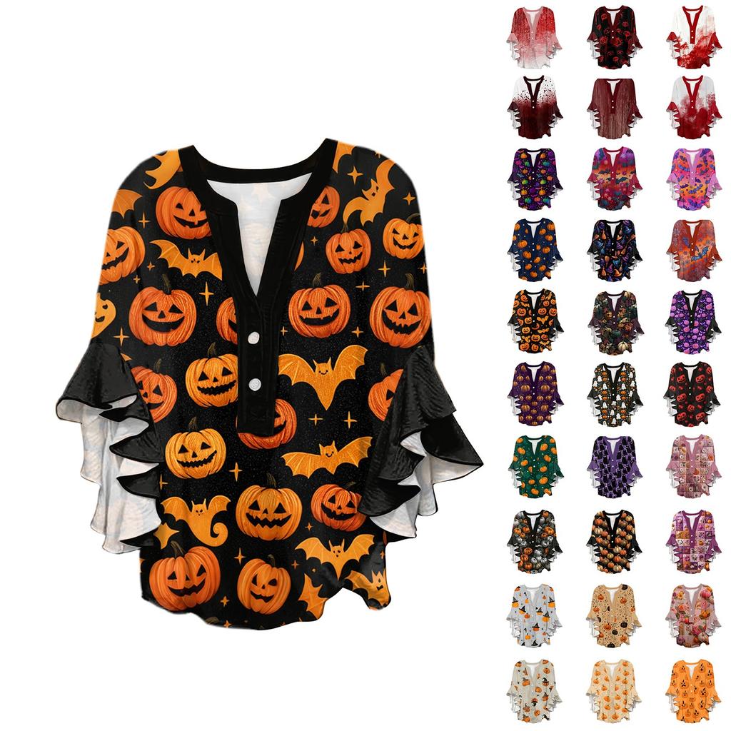 Women's V-neck Seven Quarter Sleeved Shirt Halloween Printed Top Casual Shirt