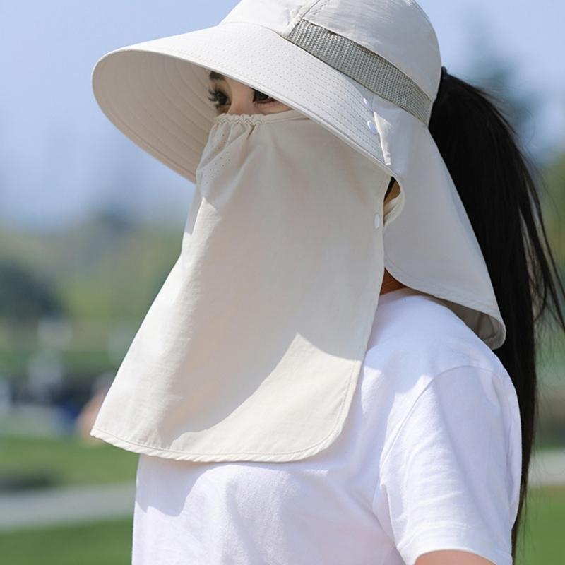 Chapeau Masque Facial Protection Solaire pour Femmes Chapeau de Soleil à Large Bord avec Cordon de Serrage Réglable Chapeau Respirant pour Activité en Plein Air