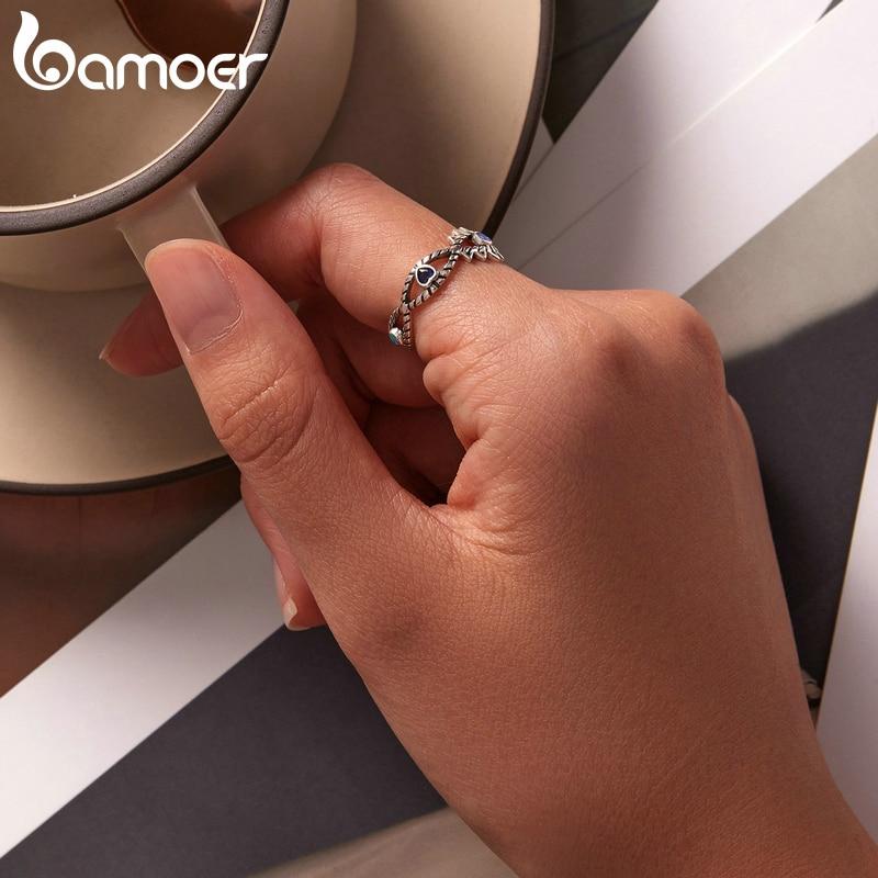 BAMOER 925 Sterling Silver Hollow Design Shining Demon Eye Ring for Women Cool Band Ring Size 6 7 8 Women Statement Jewelry Gift