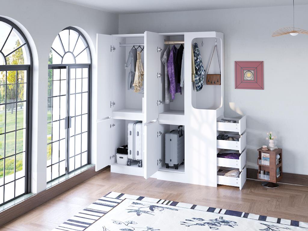 Extra Large Wardrobe 140 x 40 x 170 cm, with Drawers and Storage Compartments, Open Clothes Area with Storage Space, White (on the Right Side)