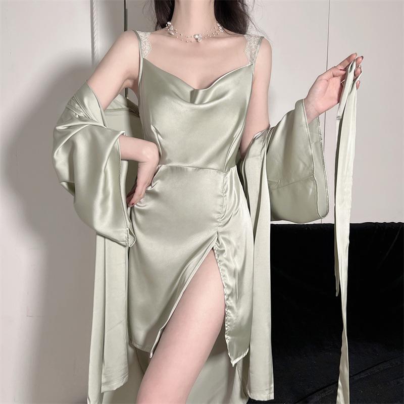 Spring and Summer Women's Wedding Dress Suit Kimono Bathrobe Dress Sexy Lace Pajamas Loose Satin Home Wear Casual Wear