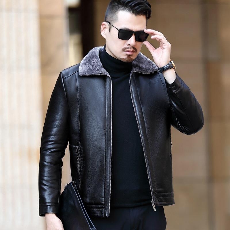 Chaqueta de piel de oveja auténtica para hombre, chaqueta de piel de papá de una pieza con terciopelo, chaqueta de piel auténtica para hombre de mediana edad
