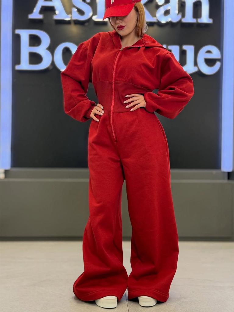 TW818 Women's Hooded Zip-Up Slimming Jumpsuit - Autumn/Winter, Elastic Waist, Solid Color