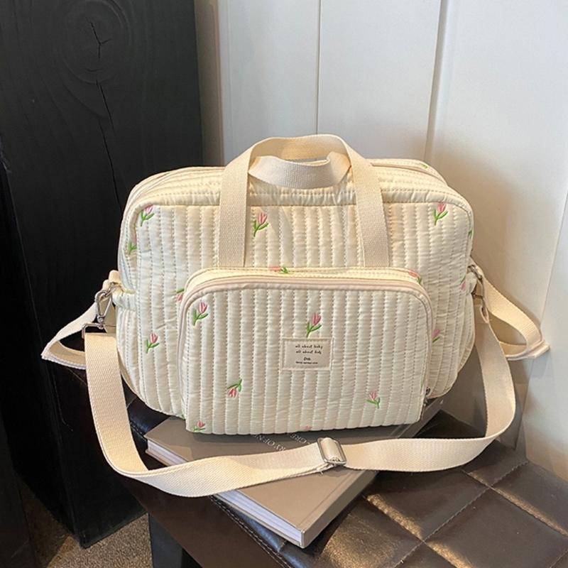 Fashionable Storage Pouch Case Large Bear/Flower Embroidery Mother Bag Portable Handbag with Multi Function Pockets