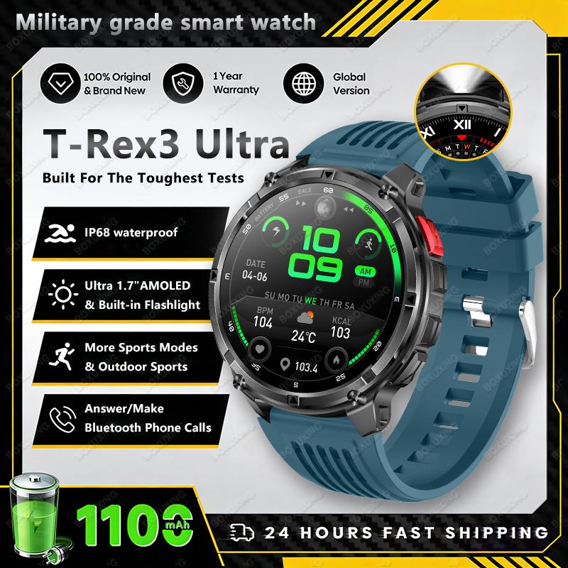 New T-Rex3 Ultra Men SmartWatch 1100mAh Battery Compass LED Flashlight Heart Rate Sports Track IP68 Waterproof Smartwatches