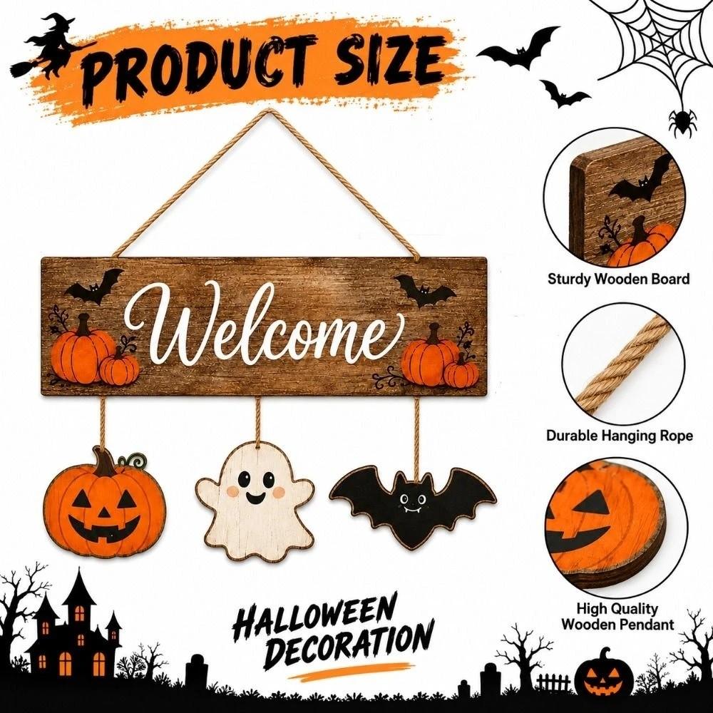 2D Flat Pumpkin Ghost Bat Wood Plaque Wear-Resistant Rustic Welcome Board Pendant Home Outdoor Use