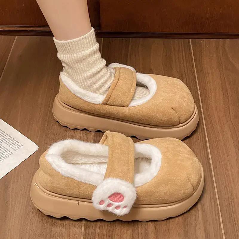 Women Cute Cat Claws Cotton Shoes Winter New Thick Bottom Outdoor Slippers Woman Plus Fleece Thick Soled Single Slippers