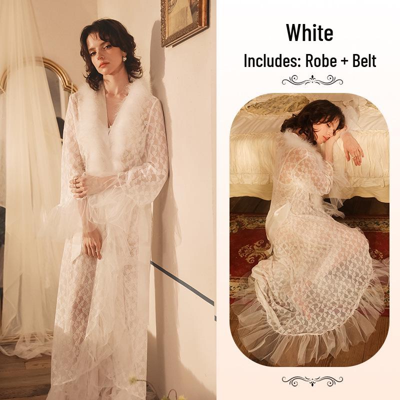 Романтический кружевной сетчатый длинный прозрачный халат с перьями - Элегантная сексуальная домашняя одежда One Size белый