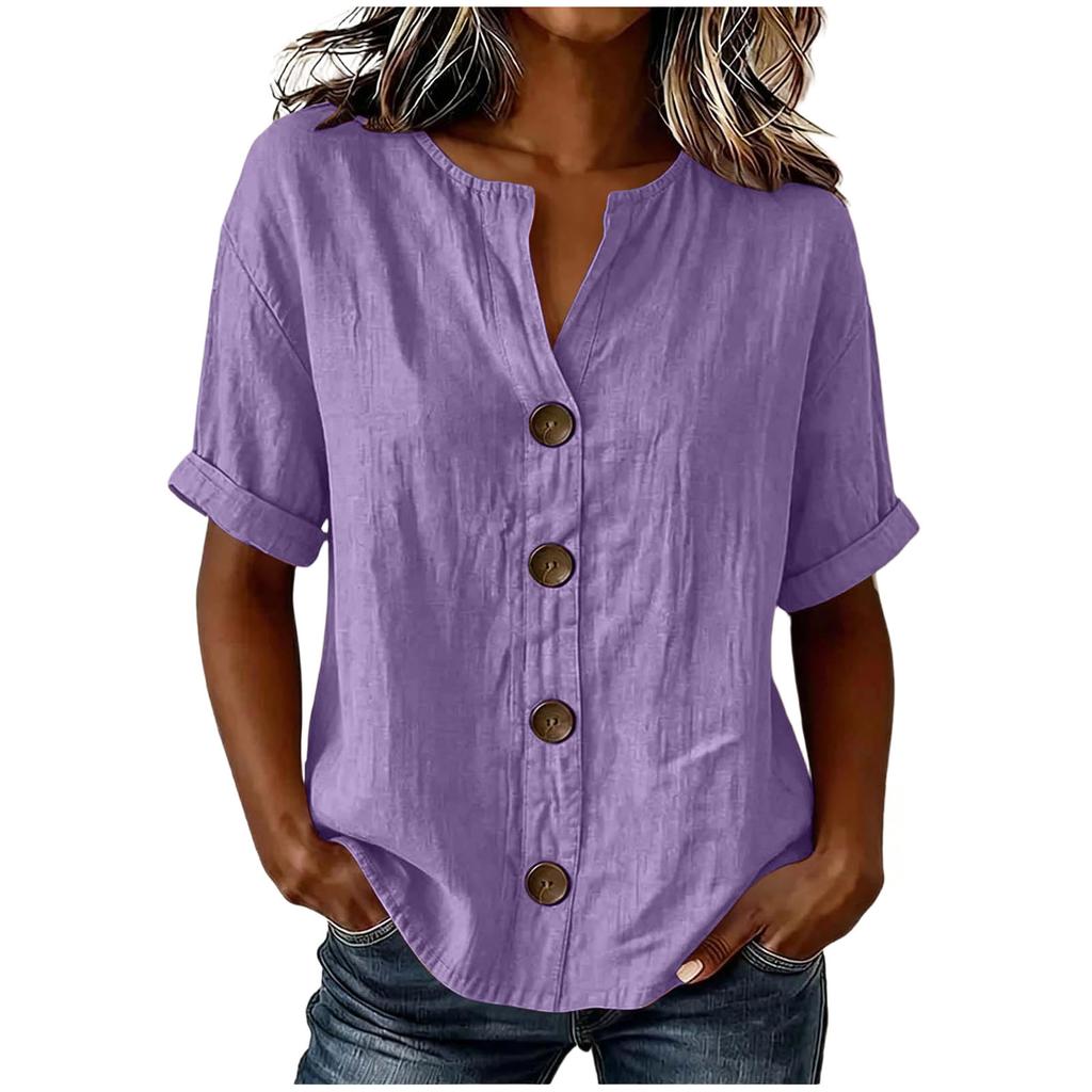 Women'S Elegant V Neck Short Sleeve Button Down Cotton Linen Blouse, Solid Color Summer Office Casual Top