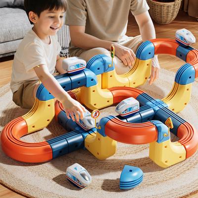 46/56/69Pcs/Set Kids Track Train Toy DIY Race Car Cube Rail Building Kit Toddlers Boys Girls Electric Train Track Assembly Toy