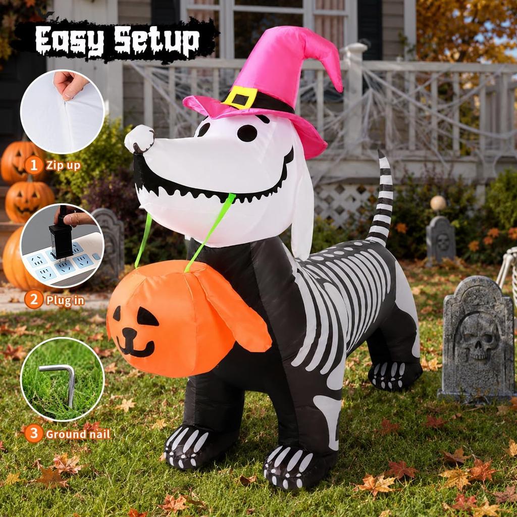 US specification GOOSH 5.5 FT Halloween Inflatables Outdoor Decorations Skeleton Puppy with Build-in LEDs Blow Up Pumpkin for Yard Garden Party
