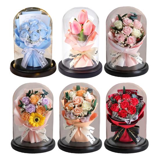 Artificial Rose Bouquet with LED Light Glass Dome Cover Eternal Flower Decoration Women Wife Girlfriend Anniversary Valentine's Day Mother's Day Gift