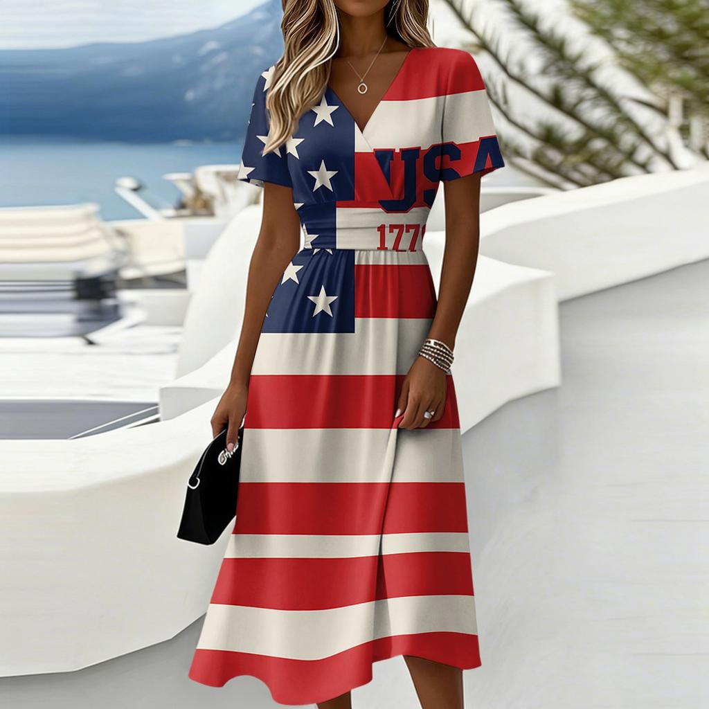 Women's Independence Day Print Casual Fashion Short Sleeve V-Neck Dress