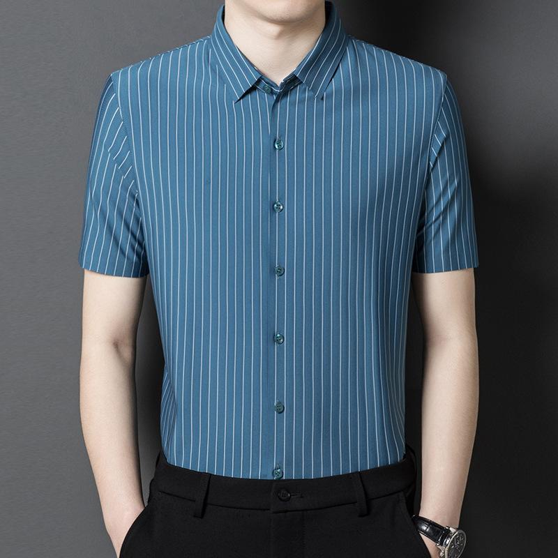 

Летняя мужская рубашка среднего возраста, модная рубашка с короткими рукавами и воротником-поло, повседневная приталенная рубашка для мужчин в полоску M