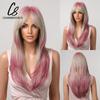 Gemischte hellblonde und rosa Perücke, lange gewellte Perücken mit Pony für Frauen, synthetische Perücke, Cosplay, tägliches hitzebeständiges Haar