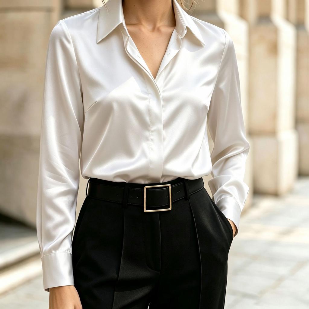 Women's Long Sleeve Satin Button-Up Shirt with Lapel Collar Casual Blouse Top