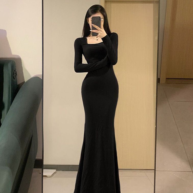 

French temperament square neck long-sleeved dress women s autumn and winter new high-end waist slim and thin skirt L suggestion 57.5-65kg чорний