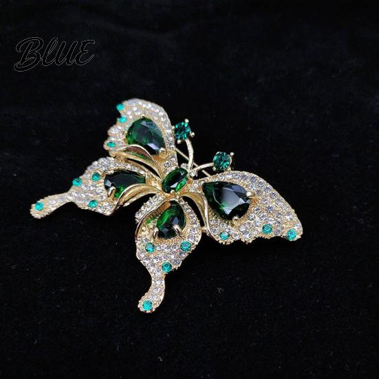 Lady Rhinestone Brooch Women Retro Butterfly Shape Faux Emerald Decor
