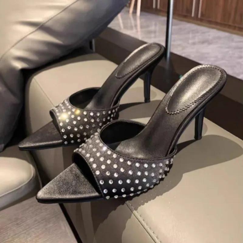Fashion Pointed Toe High Heels Slippers Women Heeled Sandals Crystal Shoes Sexy 2025 Fashion Summer Open Toe Dress Pumps Party Slides