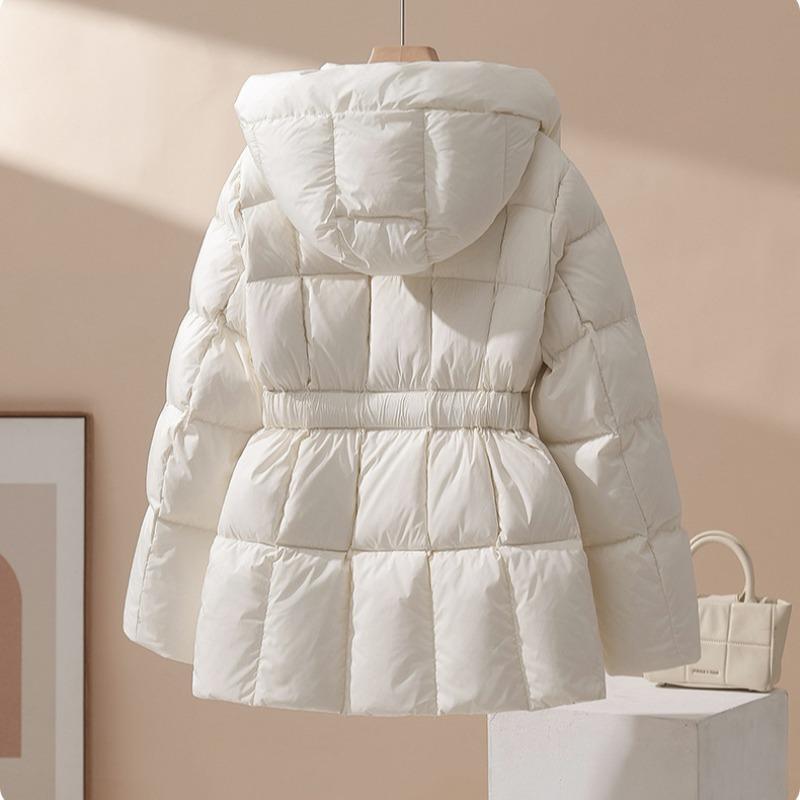 Black hooded duck down jacket, autumn and winter women's clothing, slim waist and thin medium and long down jacket women