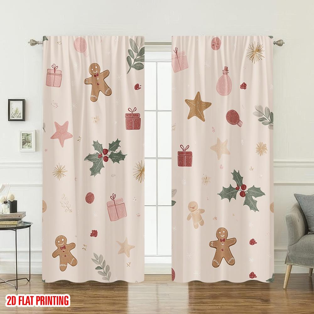 Set Of 2 Flat Printing Fashionable Christmas Curtains Holiday Stars Gingerbread Digital Printed Polyester Drapes Party Curtain Made
