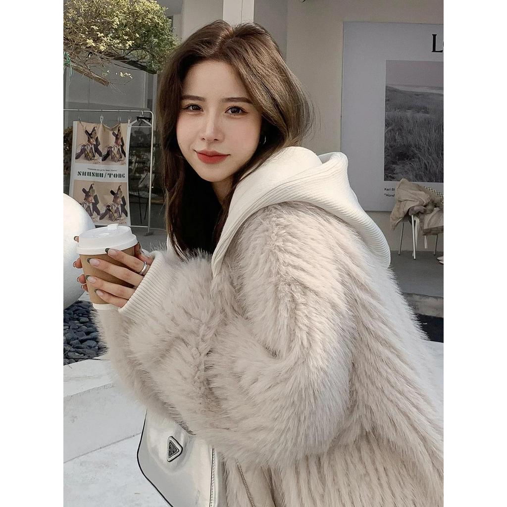 VAYLA Spring Winter Hairy Shaggy Soft Thick Warm Faux Fur Coat Women with Hood Fluffy Jacket Fake 2 Piece Clothes