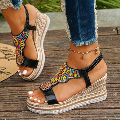 Mode Böhmischer Stil Dicke Sohle Keilsandalen Damen 2025 Sommer Retro Klobige Plateausandalen Frau Übergröße 43 Strandschuhe Mujer