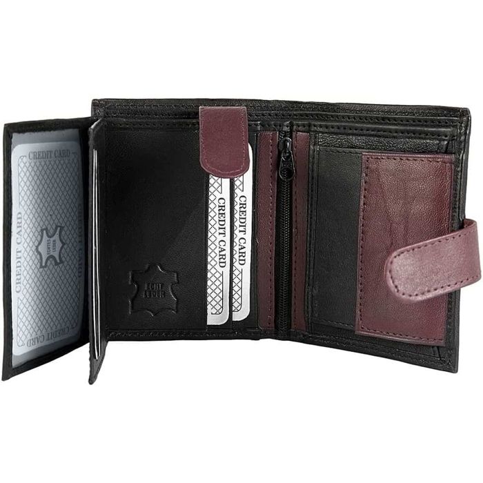 Portefeuille - MP0022 - Cuir véritable mouton - Format vertical 11×9 cm - Noir & bordeaux