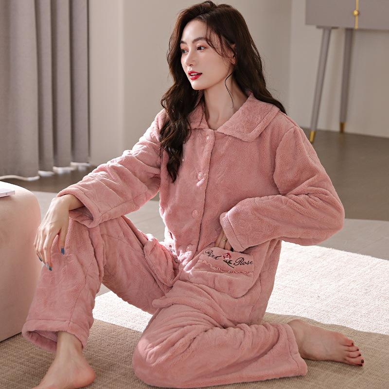 Coral Fleece Pajamas Women'S Winter Thickened Fleece Large Size Middle-Aged And Elderly Mothers Autumn And Winter Flannel Loungewear Set