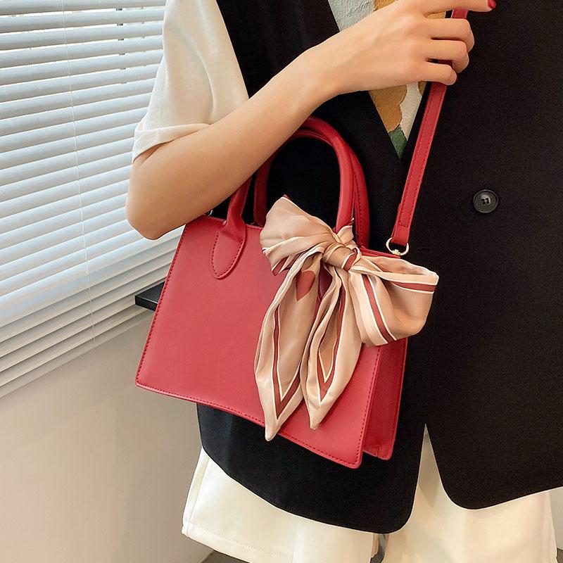 Red Women Wedding Handbag Large Capacity Scarves Decor Pu Leather Female Crossbody Bag High Grade Textured One Shoulder Bag