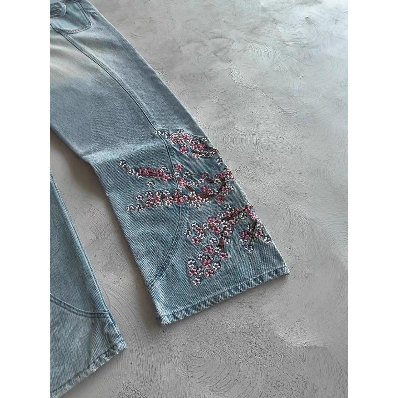 ROADVIBE Vintage Kirschblüte Schwarzer Ritter Stickerei Jeans Y2k Retro Baggy Gerade Denim Hose Blaue Waschung Jean Herrenbekleidung Streetwear