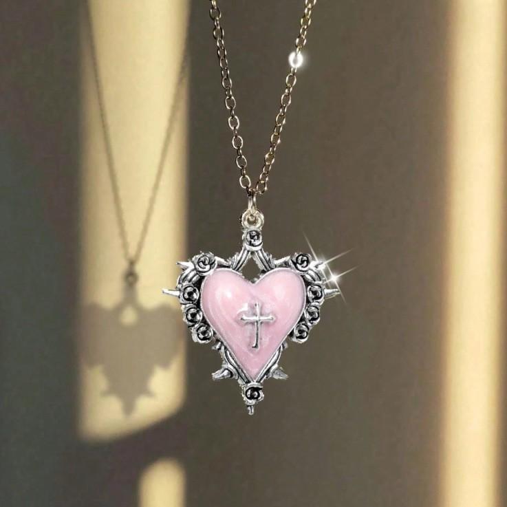 Gothic Heart Shape Necklace With Cross Pendant For Men Women In Vintage Style
