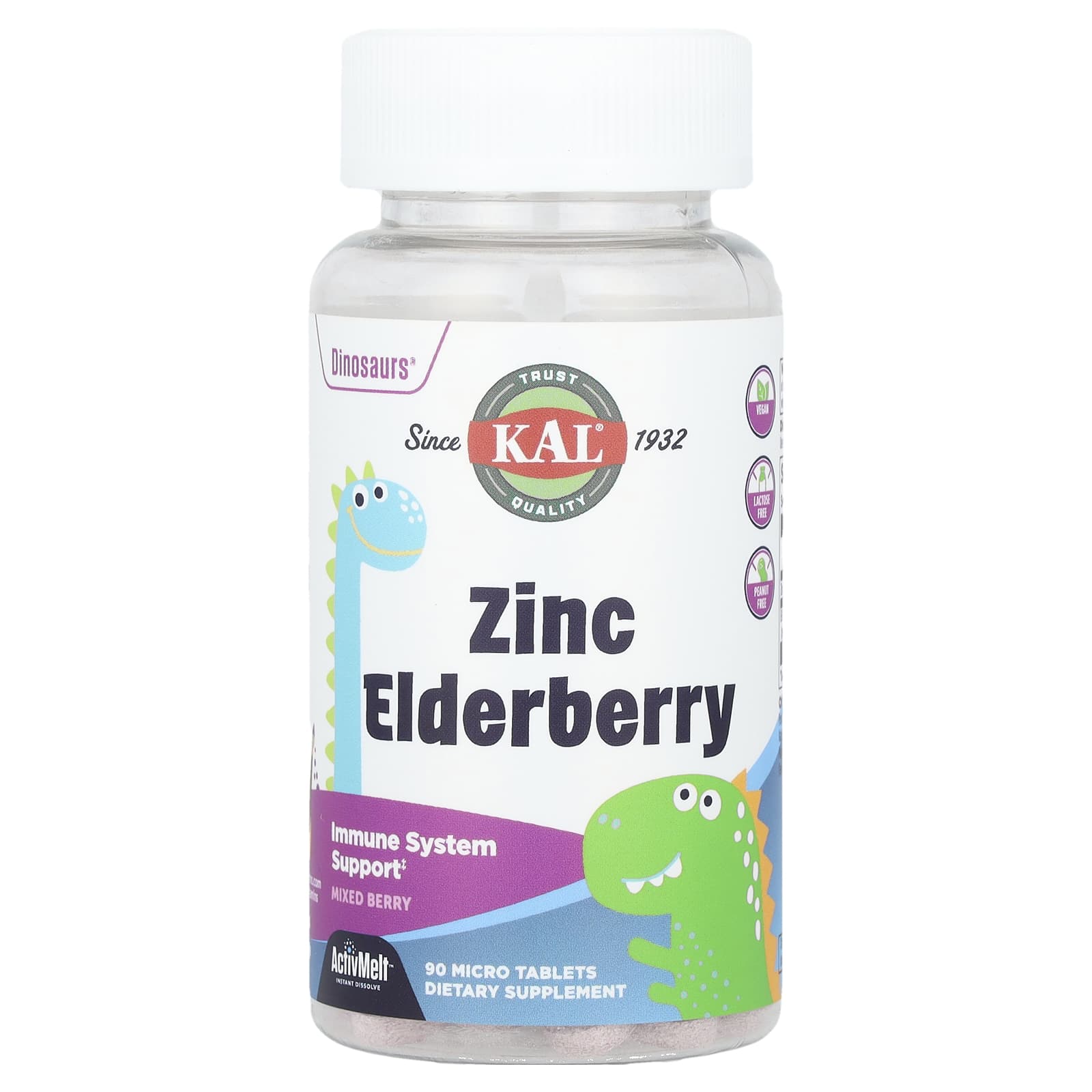 

KAL, Dinosaurs, Zinc Elderberry, ActivMelt, Berry Blend, 90 Micro Tablets