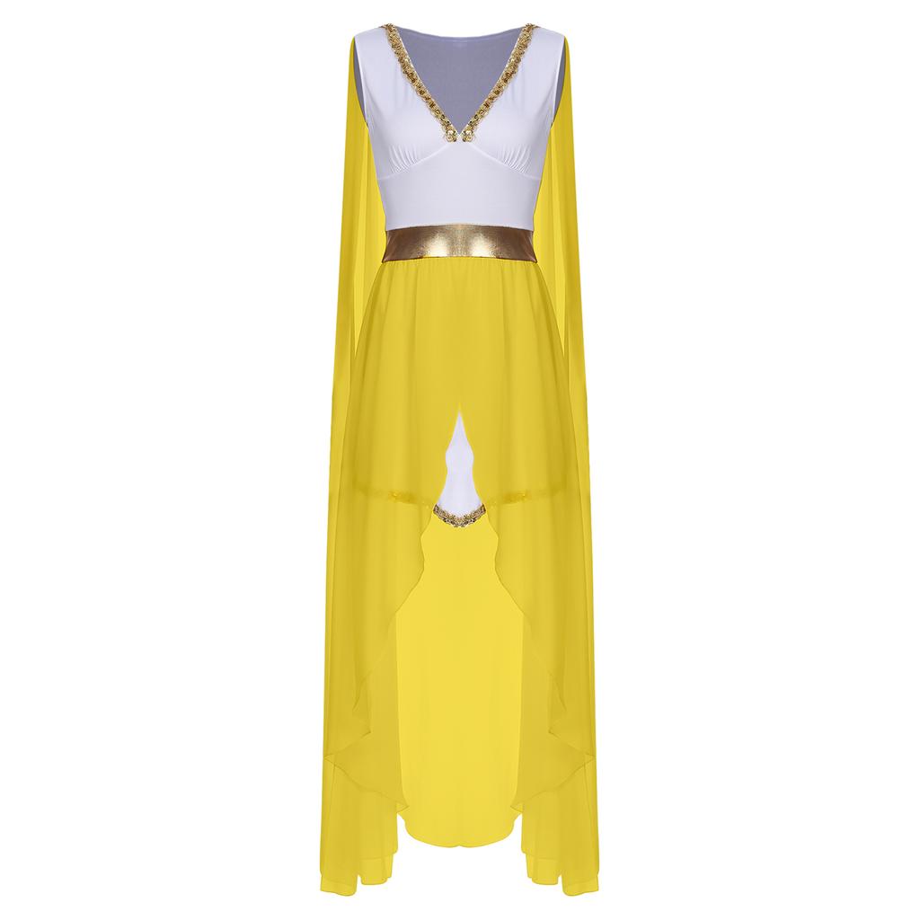 Womens Greek Princess Costume V Neck Cape Sleeve Design Sequin Trim Front Split Dress Queen Cosplay Halloween Party